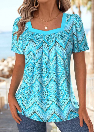 Modlily Cyan Geometric Print Short Sleeve Square Neck T Shirt - XXL