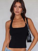 Women's Solid Backless Split Hem Halter Neck Tank Top, Casual Sleeveless Crop Top for Summer, Women's Clothing for Daily Wear...