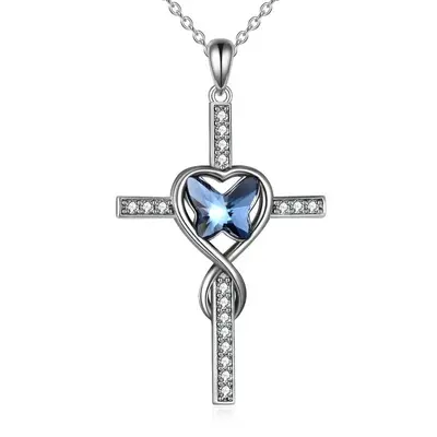 Sterling Silver Crystal Butterfly Cross Heart Pendant Necklace for Women