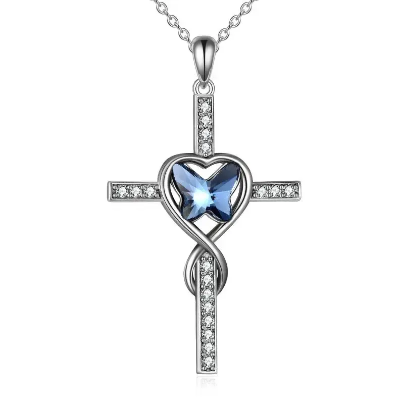 Sterling Silver Crystal Butterfly Cross Heart Pendant Necklace for Women