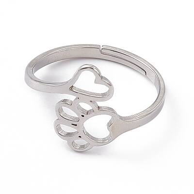 Non-Tarnish 201 Stainless Steel Heart & Dog Paw Prints Adjustable Ring for Women