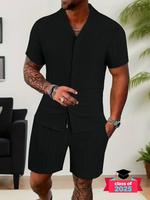 Men's Solid Short Sleeve Top & Shorts Set, Regular Fit Formal Shortsleeve Top & Shorts, Men's Summer Clothes, Sets for Men Cl...