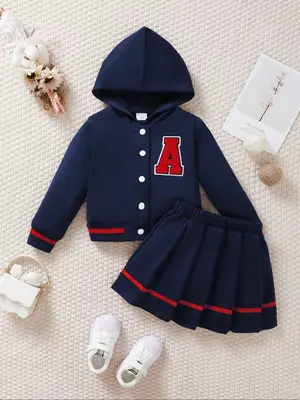 Two-Piece Set Girl's Letter Embroidery Hooded Jacket & Pleated Skirt Set, Casual Long Sleeve Zip Up Outerwear & Skirt for Fal...