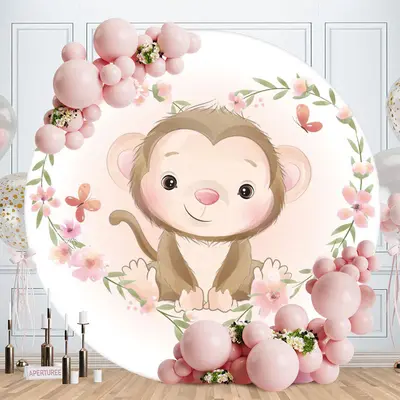 Aperturee Pink Floral And Monkey Round Baby Shower Backdrop