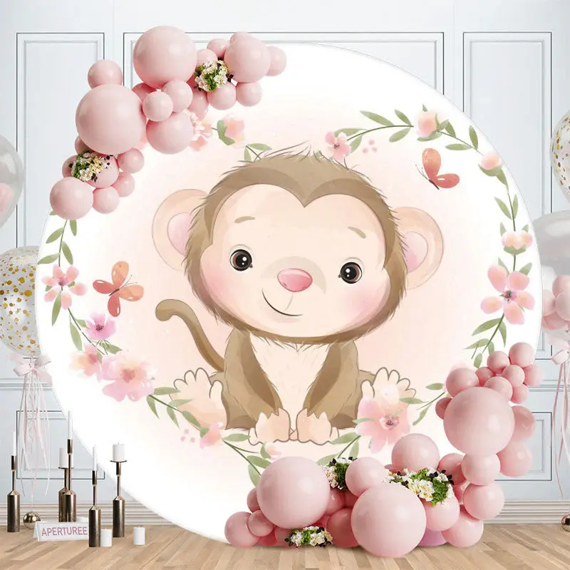 Aperturee Pink Floral And Monkey Round Baby Shower Backdrop