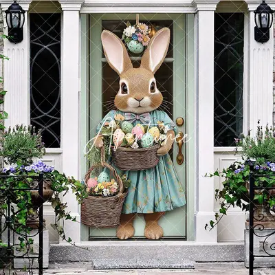Aperturee Cute Bunny Floral Eggs Basket Easter Door Cover, 30x80 Inch, 28.48 USD, easter door covers, LZML097A-A