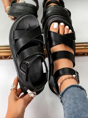 Women's Minimalist Fashion Plain Criss Cross Strap Buckle Sandals, Casual Comfortable Non-slip Round Toe Flatform Sandals, Su...