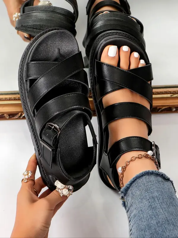 Women's Minimalist Fashion Plain Criss Cross Strap Buckle Sandals, Casual Comfortable Non-slip Round Toe Flatform Sandals, Su...