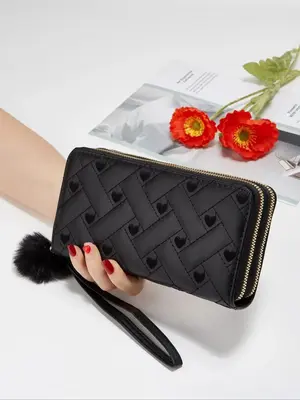 Fashionable Heart Pattern Long Wallet with Pom Pom Charm, Casual PU Leather Zipper Wallet for Women, Trendy Versatile High-qu...