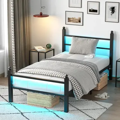 CollaredEagle Twin/Full Bed Frame with Headboard and Footboard,Steel Slats Support-LED Bed Frame with USB Charging Station,Ma...