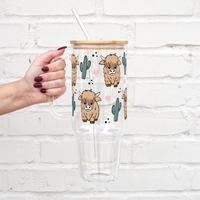 Sip-Sip Hooray! 40oz Highland Cow & Cactus Glass Tumbler – Cute Cup with Handle, Lid & Straw, Highland Cow Lover Gift, Reus...