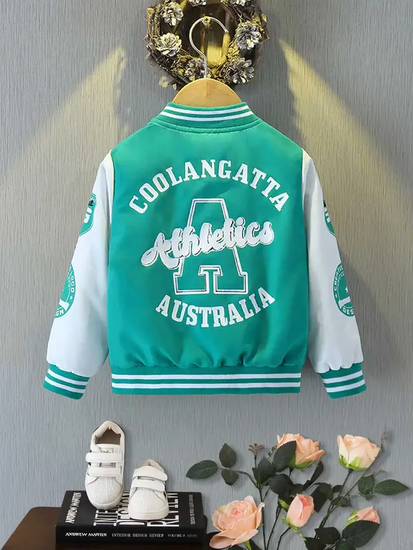Boy's Letter Print Baseball Collar Jacket, Casual Loose Fashionable Varsity Jacket for Daily Outdoor Wear, Kids Clothing for ...