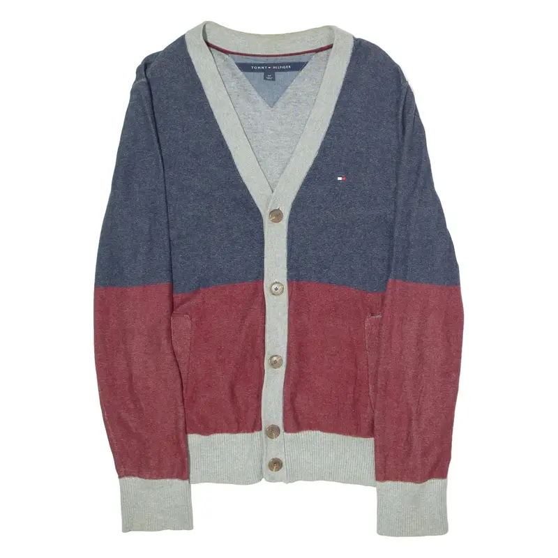 TOMMY HILFIGER Mens Patterned Cardigan Blue Colourblock V-Neck Tight Knit S