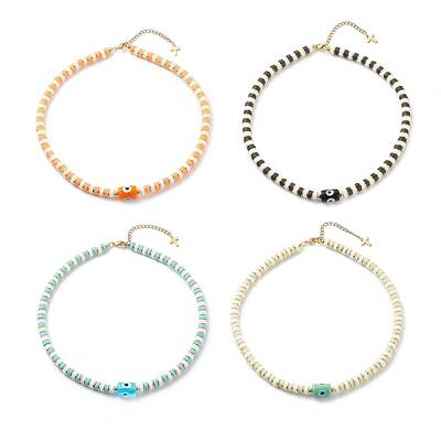 4Pcs 4 Color Lampwork Evil Eye & Polymer Clay Heishi Beaded Necklaces Set