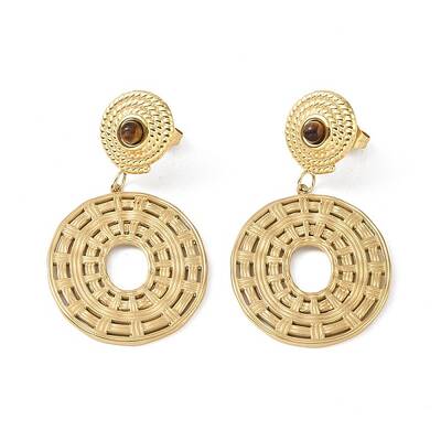 Natural Tiger Eye & 304 Stainless Steel Rope Disc Dangle Stud Earrings for Women