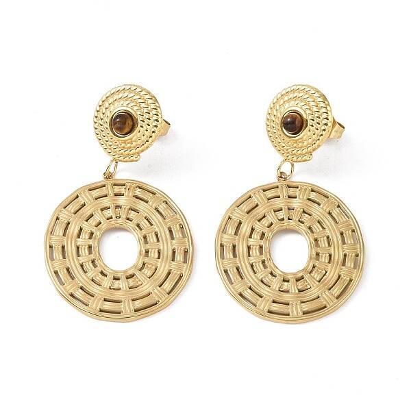 Natural Tiger Eye & 304 Stainless Steel Rope Disc Dangle Stud Earrings for Women