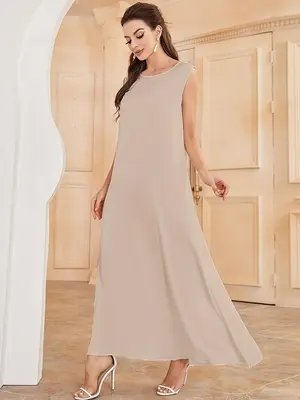 Women's Plain Round Neck Tank Dress, Elegant Sleeveless Long Dress for Party Wedding Guest, Ladies Clothes for All Seasons