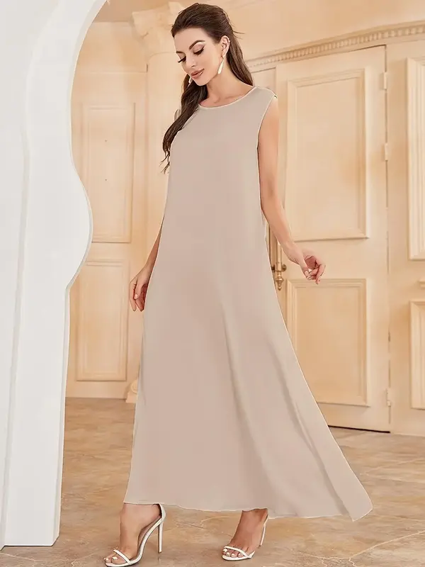 Women's Plain Round Neck Tank Dress, Elegant Sleeveless Long Dress for Party Wedding Guest, Ladies Clothes for All Seasons