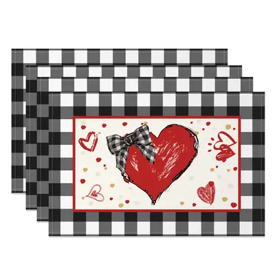 Aperturee Painted Red Heart Plaid Romantic Set Of 4 Placemats, 14x12 Inch, 15.8 USD, NYJY00398-S, placemats