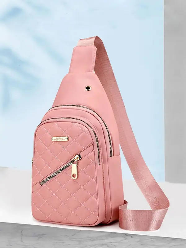 Women's Quilted Zippered Sling Bag With Adjustable Strap, Fashion Quilted Design Zipper Fanny Pack, Casual Nylon Bag For Dail...