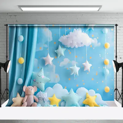 Aperturee Blue Cloud Sky Curtain Bear Star Cake Smash Backdrop, 3X2FT(1MX0.6M), 14 USD, birthday cake smash backdrops, NYHD1I...