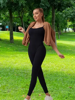 Women's all clothing Seamless Sleeveless Yoga Pants, Sporty Tight-Fitting Gym Training Jumpsuit, All-Seasons Plain Knit Botto...