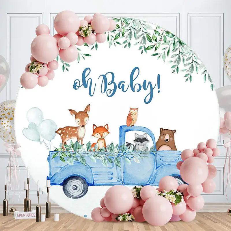Aperturee Blue Truck Animals Baby Shower Round Backdrop