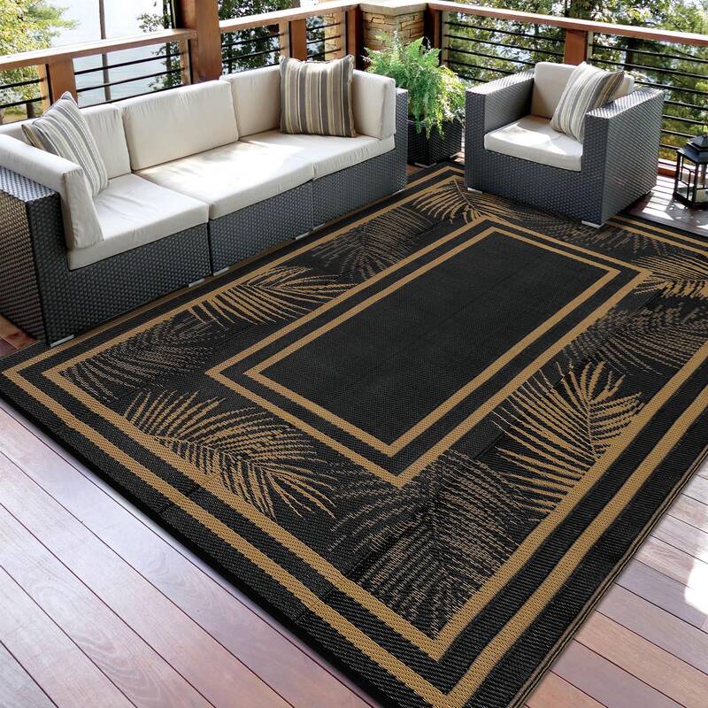 Garvee Outdoor Black & Brown 9x12 Rug Waterproof Patio Mat Reversible Plastic Straw Durable UV Resistant Portable for Camping...