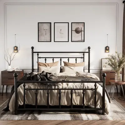 SHA CERLIN Metal Platform Bed Frame, ăFrame Only No MattressăVictorian Headboard and Footboard, Steel Slats Frame Base fo...