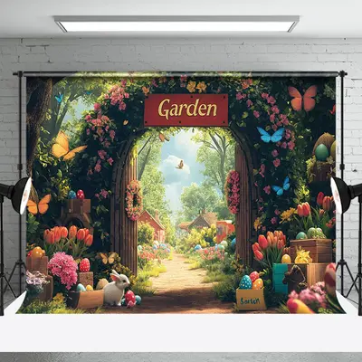 Aperturee Spring Garden Eggs Bunny Floral Gate Easter Backdrop, 3X2FT(1MX0.6M), 14 USD, AHF334A-M, easter backdrops