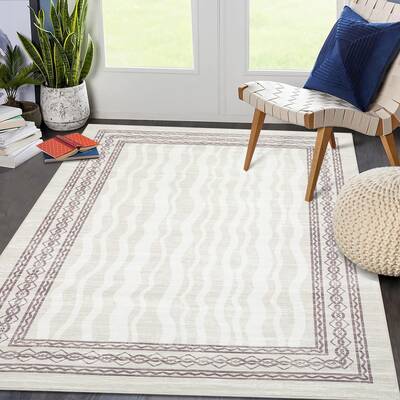 Garvee 5x7 Area Rug Modern Bordered Print Low Pile Stain Resistant Faux Wool Non-Slip Machine Washable Living Room Bedroom Di...