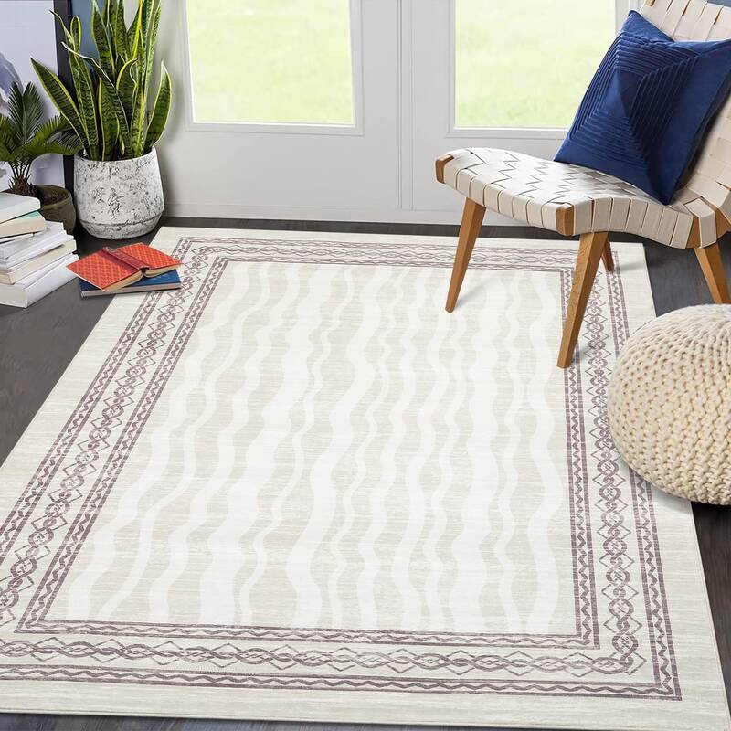 Garvee 5x7 Area Rug Modern Bordered Print Low Pile Stain Resistant Faux Wool Non-Slip Machine Washable Living Room Bedroom Di...