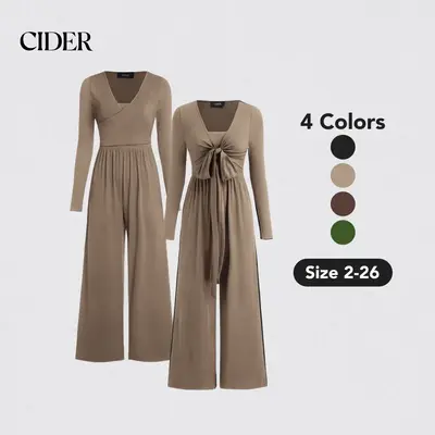 Cider [4 colors, Size 2-26]3-Way Knotted Stretchy Wide Leg Overalls,  V-neck Jumpsuit for Daily Casual, Lady Casual Fashion C...