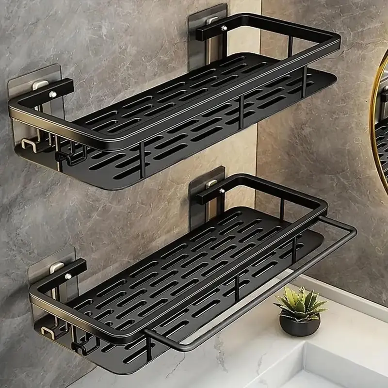 Wall Mounted Bathroom Shelf, Rust-proof Bathroom Shelf, Shower Caddy, Space-saving Organizer with Hook, Modern Bathroom Acce...