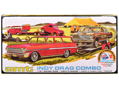 Skill 2 Model Kit Indy Drag Combo Chevrolet II Wagon and Funny Car with Trailer 3 in 1 Set 1/25 Scale Model by AMT