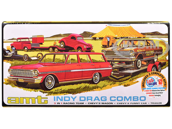 Skill 2 Model Kit Indy Drag Combo Chevrolet II Wagon and Funny Car with Trailer 3 in 1 Set 1/25 Scale Model by AMT
