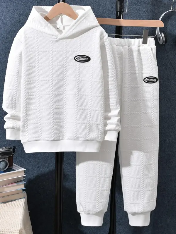 Two-piece Set Boy's Solid Patched Textured Sweatshirt & Elastic Waist Sweatpants, Casual Long Sleeve Hooded Pullover & Pocket...