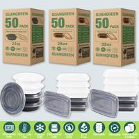 50 Pack Disposable Meal Prep Containers with Lids - 24 oz Round, 28 oz & 32 oz Rectangular - Black & White- Microwave Safe, L...