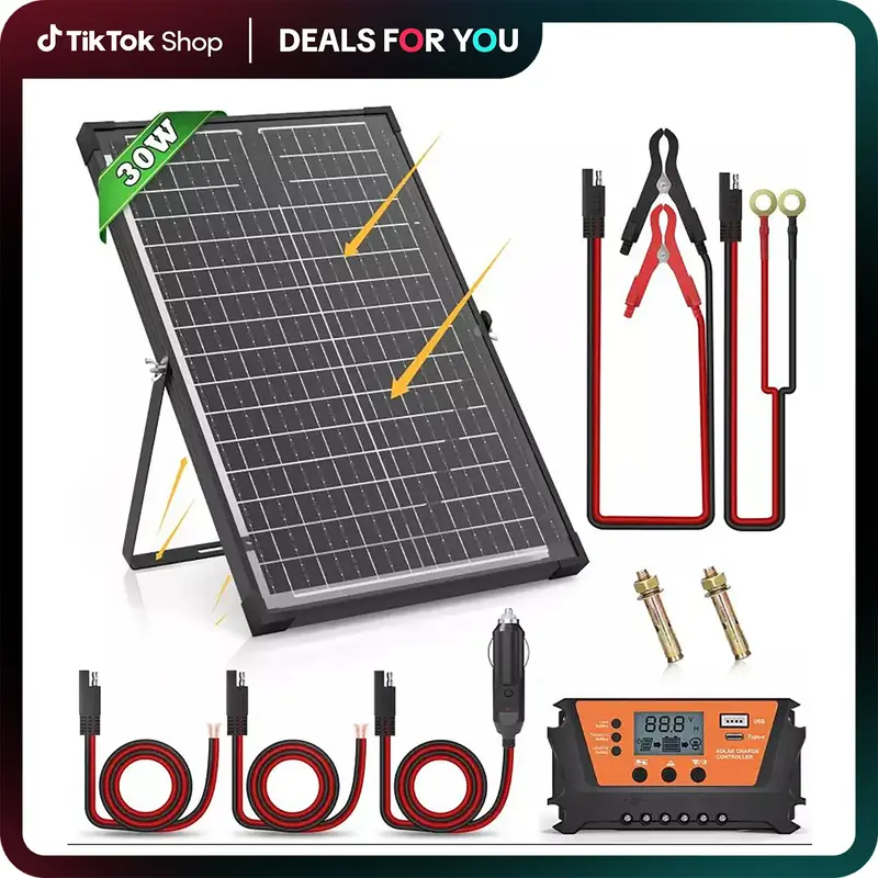 Trickle Charger Battery 30W Bifacial Solar Panel Kit Controller Maintainer of RV, Outdoorfun