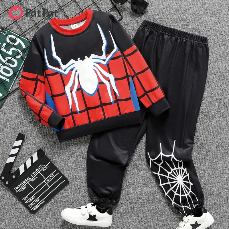PatPat 2pcs Kid Boy Spider Print Colorblock Sweatshirt and Black Pants Set