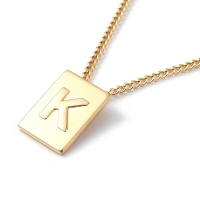 Stainless Steel Initial Letter Rectangle Pendant Necklace for Men Women