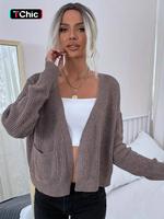 Women's Solid Drop Shoulder Pocket Open Front Cardigan, Casual Basic Long Sleeve Knitwear for Spring & Fall, Fashion Women's ...