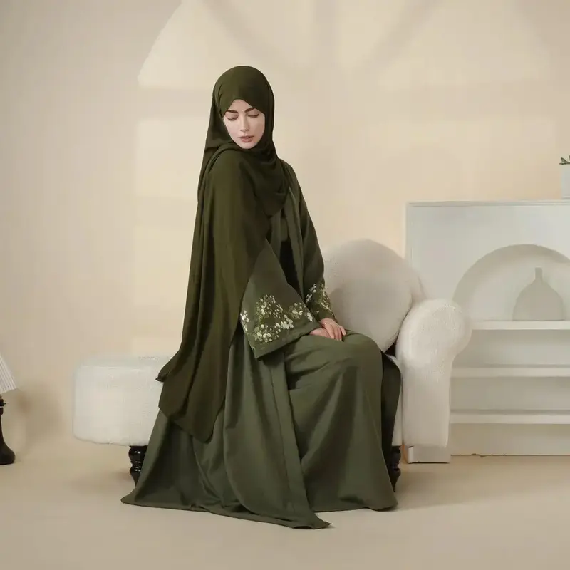 Comfort Meaningful Peace Jasmine Olive Branch Embroidered Abaya Set Intricate Symbol 4-Piece Affordable Full Length Fabric Du...
