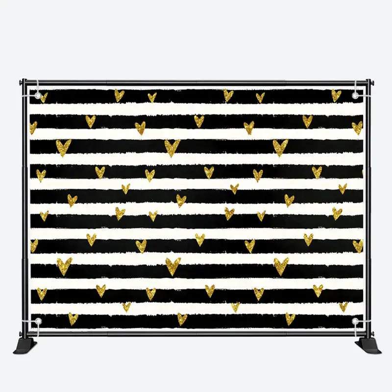 Gold Heart Black White Strip Valentines Day Backdrop - Aperturee