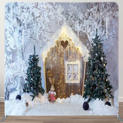 Aperturee Wood Cabin Snowy Tree Winter Tension Fabric Backdrop | 8X8 Tension Fabric Backdrop | Tension Fabric Banner | Fabric...