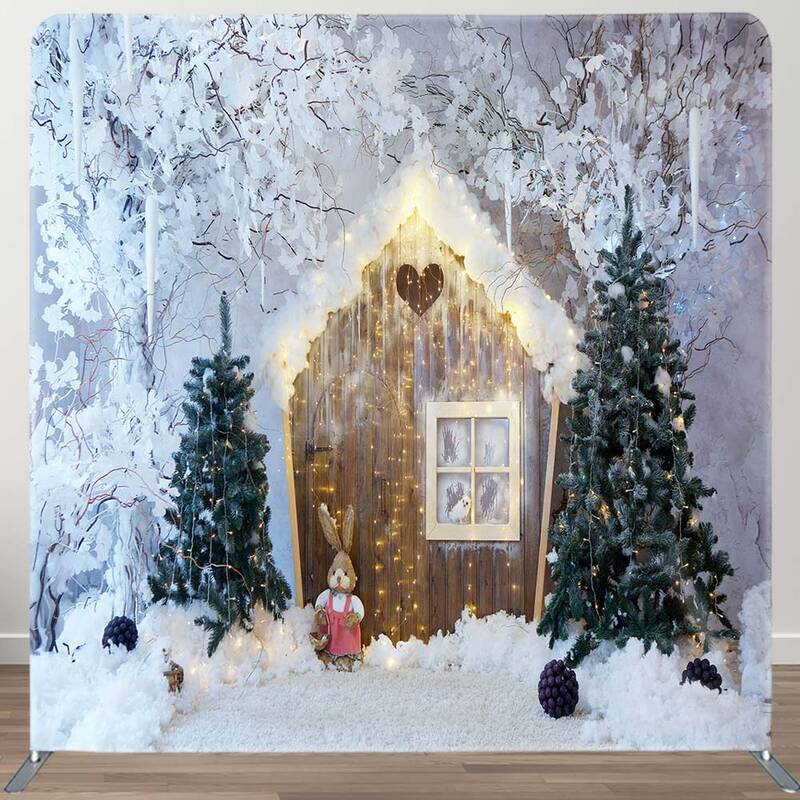 Aperturee Wood Cabin Snowy Tree Winter Tension Fabric Backdrop | 8X8 Tension Fabric Backdrop | Tension Fabric Banner | Fabric...