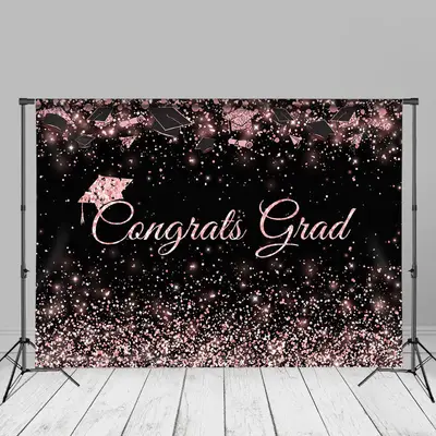 Neon Pink Glitter Black Congrats Grad Photos Backdrop - Aperturee