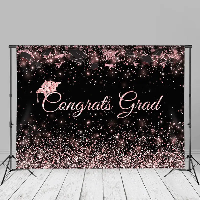 Neon Pink Glitter Black Congrats Grad Photos Backdrop - Aperturee