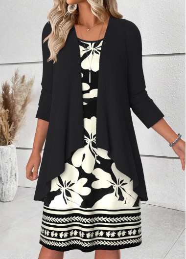Modlily Black Tummy Coverage Floral Print Dress and Cardigan - M