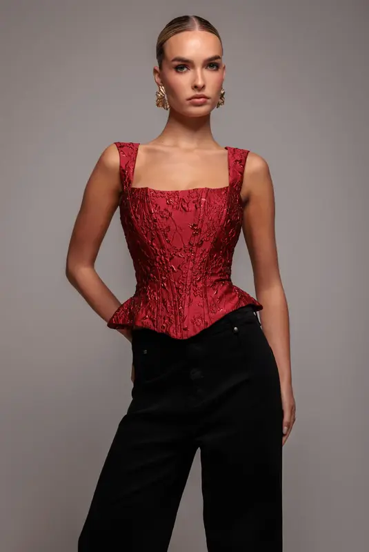 Goddiva Sleeveless Jacquard Lace Up Back Corset - Red